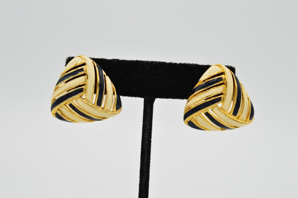 TAT Vintage Black Cream Enamel Post Earrings Geometric Gold Signed NOS 1980s